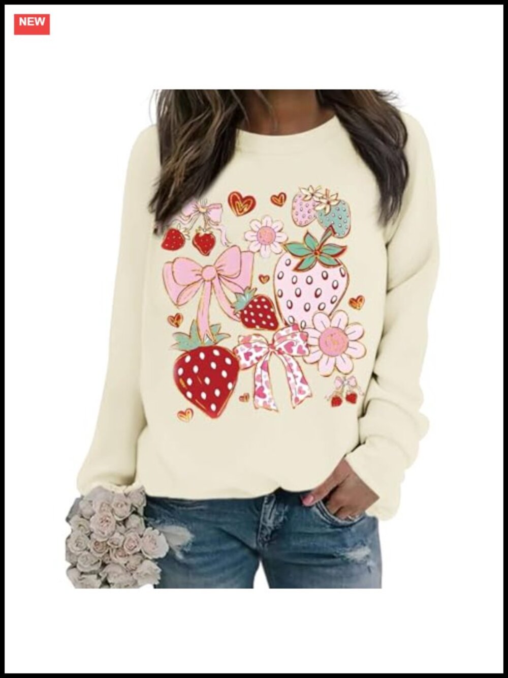 Kawaii Strawberry Bow Floral Print Cotton Blend Pullover Sweatshirt Women
